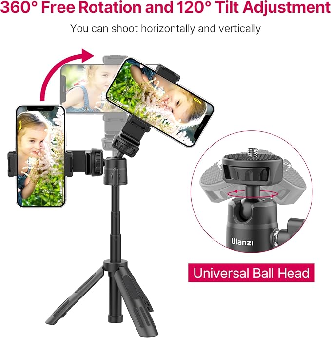 ULANZI M12 Selfie Stick for Action Camera, Portable Phone Tripod Stand with Phone Mount Action Camera Adapter 360° Ball Head, Mini Hand Grip Compatible with GoPro Hero series Smartphone DJI OSMO GoPro - Image 3