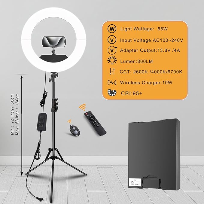 Ring Light 18 INCH Kit,55W6700k Dimmable LED Light, Tripod Stand, Remote Controller,Box for Camera,Smartphone,YouTube,TikTok,Self-Portrait Shooting,CRI95 (Black) - Image 3