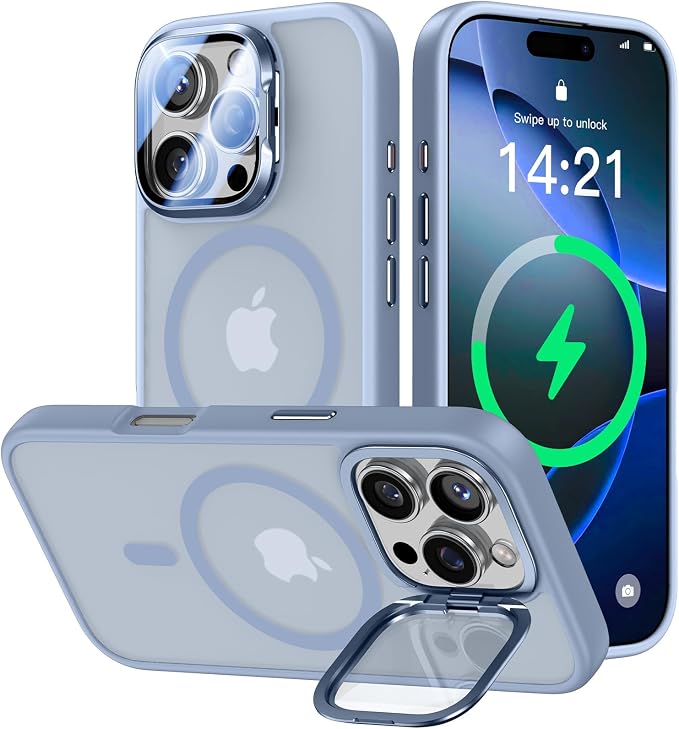 VOFATA [Upgraded] for iPhone 16 Pro Max Case with Camera Cover Stand [Fit for MagSafe][9H Camera Lens Protector] Mil-Grade Protection Translucent Magnetic iPhone 16 Pro Max Phone Case, Light Blue by VOFATA