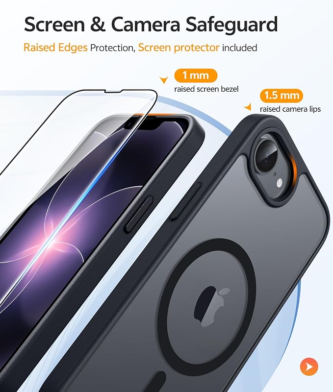 FNTCASE for iPhone 17e/ iPhone 16e Case, Fit for Magsafe, Screen Protector | Translucent Matte Magnetic Back, 14FT Military Grade Drop Protection, Shockproof Protective Phone Cover, Black - Image 4
