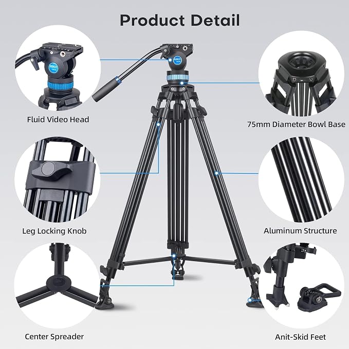 SIRUI AM-25S Video Tripod 74.8", Fluid Head, Quick Release, Max Load 22lb | 360° Pan, +90°/-75° Tilt, Aluminum Alloy, Camcorder, DSLR, Mirrorless Camera, Video Recording, Stable Support - Image 2