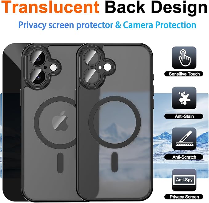 for iPhone 17 Case with Privacy Screen Protector, Black | Full Camera Protection, Magnetic, Compatible with MagSafe, Translucent Matte Shockproof Phone Protective Cover for iPhone 17 - Image 2