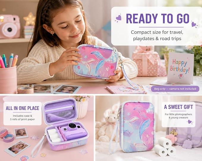 Kids Instant Print Camera Case & 3 Rolls for DYLANTO for ESOXOFFORE | Portable Digital Camera Case for ETIKEZ for YTETCN for DUDUDRAGON with Pocket for Accessories (Box Only)-Purple Fish - Image 2