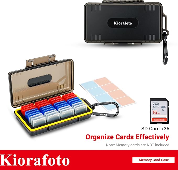 Kiorafoto SD Card Case w 36PCS Individual Clear Plastic Memory Card Holder | Water-Resistant,Anti-Shock,36 Slots,for 36x SD SDXC SDHC Cards,Camera Memory Card Holder Organizer,with Carabiner & Labels - Image 2