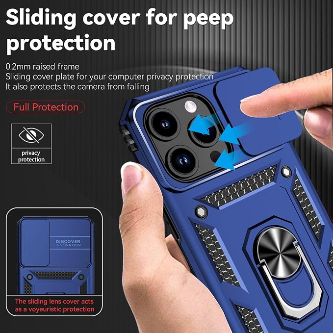 HNHYGETE for iPhone 15 Pro Case with HD Screen Protector: [Military Grade 20ft. Drop Tested] Slide Camera Cover Ring Shockproof Protective Phone Case for - iPhone 15 Pro (Blue) - Image 4
