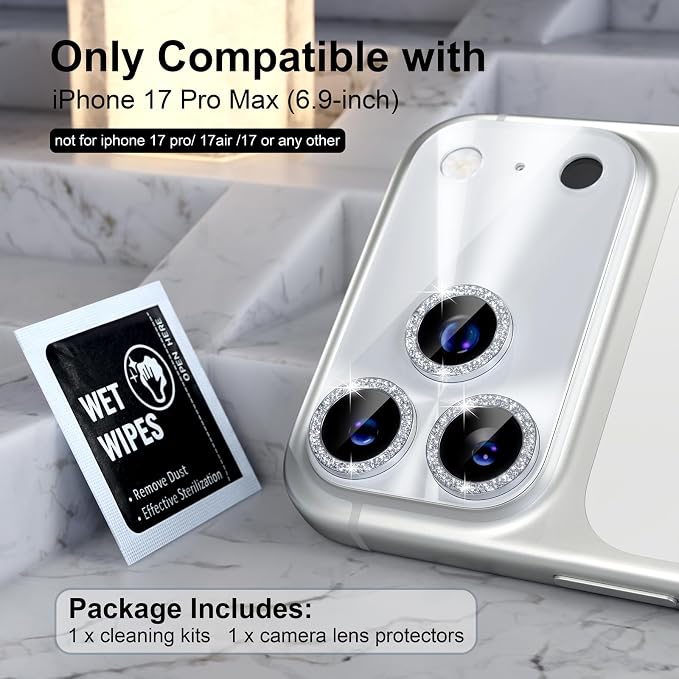 Choiche for iPhone 17 Pro Max Camera Lens Protector, Light-Silver | Bling Metal Camera Cover with 9H Tempered Glass Lens Screen Protector Accessories, Strong Adsorption, Case-Friendly, 6.9-inch - Image 2