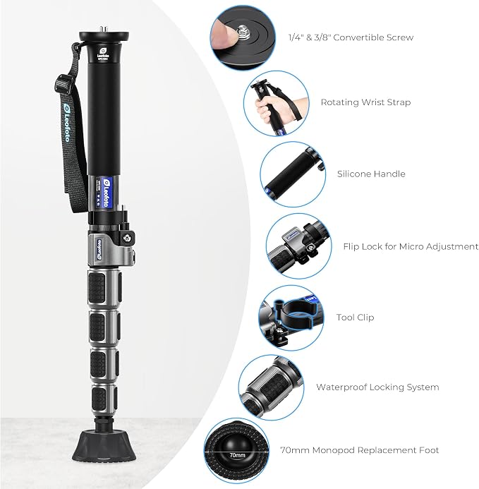 LEOFOTO Carbon Fiber Camera Monopod, Lightweight Travel Monopod with Quick Lock System for DSLR, DV, Video Camcorder, Phone Holder, Weight 0.6kg/1.32lb, Maximum Load 30kg/66lb - Image 2