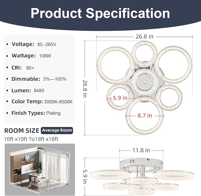 Modern Ceiling Light, 7 Rings 23'' Dimmable LED 106W Flush Mount Ceiling Lights with Remote Acrylic Crystal Round Ceiling Light Fixture, Bedroom Living Room Dining Room, Chrome - Image 2