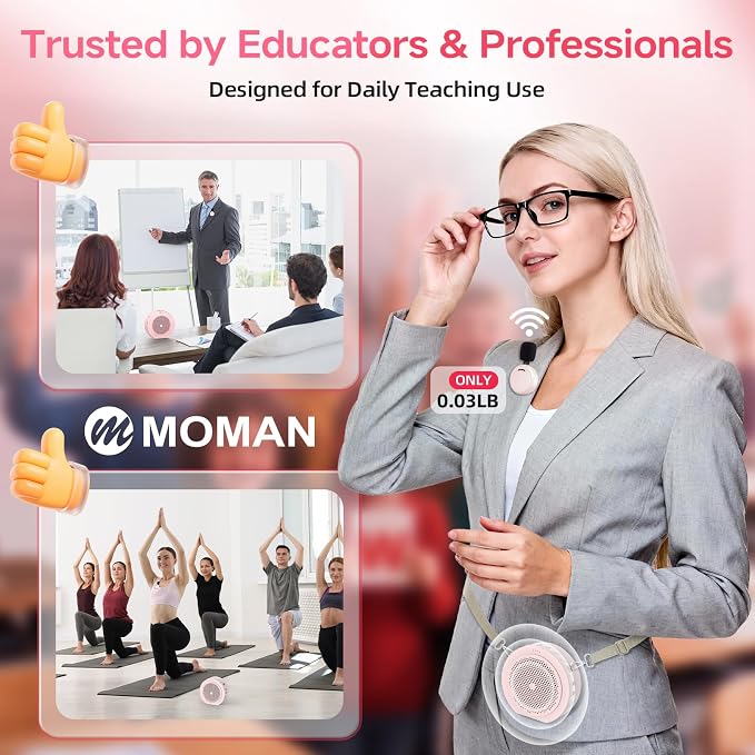 Moman Wireless Voice Amplifier with Lavalier Mic, 20H Battery 164ft Range Sensitive Pickup Noise Reduction PA System Bluetooth Portable Magnetic Charging Dock, Amplifier for Teacher Yoga Tour, Pink - Image 2