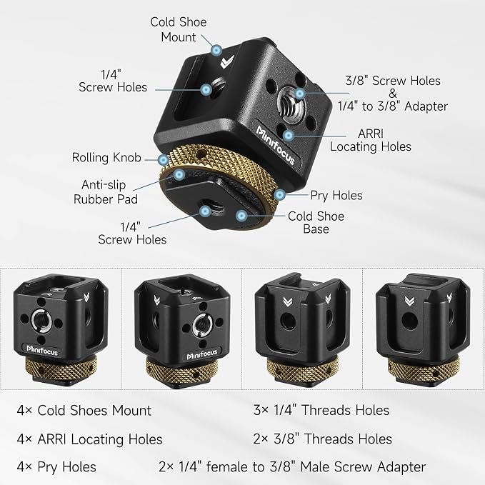 Camera Hot Shoe Extension Bracket Cold Shoe Mounts Adapter(Black) | Aluminum Shoe Mount Holder with 1/4''&3/8'' Thread Hole and Arri-locating Hole, For Microphone LED Video Light - Image 3