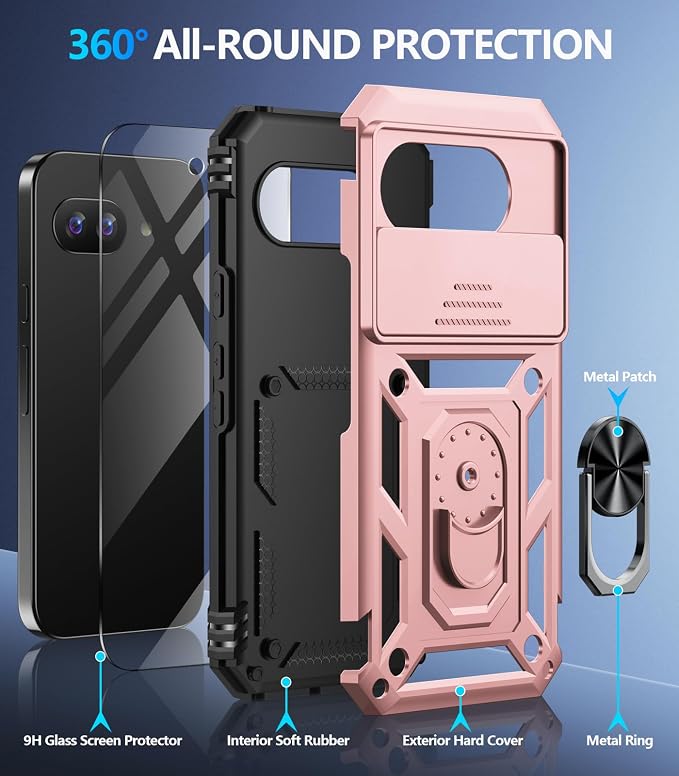 Taisairu for Google Pixel 10A Case with Screen Protector & Slide Camera Lens Cover,Built-in 360°Rotate Magnetic Ring Stand Shockproof Protective Phone Case for Google Pixel 10A Case (Rose Gold) - Image 2