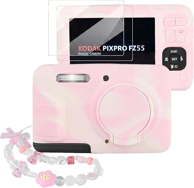 Camera Case for Kodak PIXPRO FZ55 with 2-Pack Screen Protector | Cute Charm Wrist Strap, Soft Silicone Protective Case with Removable Lens Cap for Kodak FZ55 Accessories - Pinkish White by Seltureone