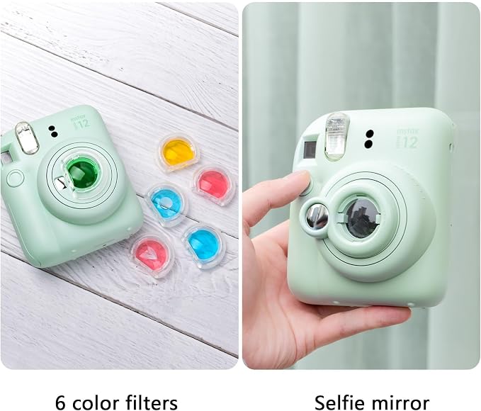 Rieibi Instax Mini 12 Accessories Gift Bundle: Clear Case with Strap, Photo Album, Selfie Mirror, Color Filters, DIY Stickers - Green - Image 5