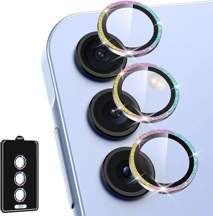 for Samsung Galaxy A35 5G Camera Lens Protector, Individual Metal Ring Tempered Glass Lens Cover, [Strong Adsorption] Scratch Resistant Ultra-Thin HD Clear Lens Cover, 1 Set-Colorful Sparkly by Btscase