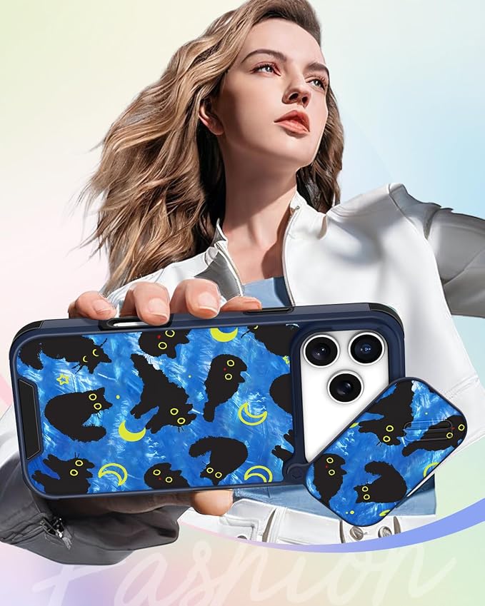 Buleens for iPhone 17 Pro Max Case 6.9 Inch - with Ring Stand & Camera Cover Aesthetic Cute Designed Women Girl Girly Kawaii Blue Cat Stars Phone Case for iPhone 17 Pro Max Compatible with Magsafe - Image 6
