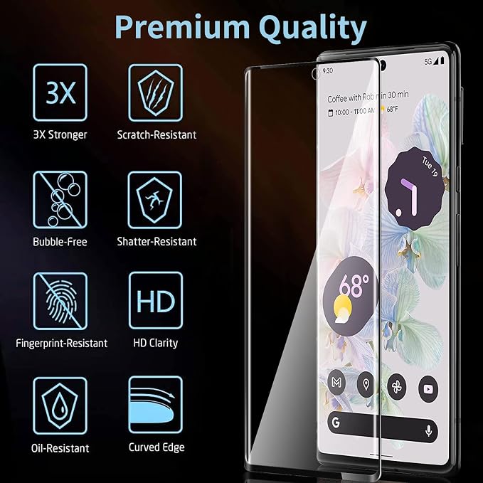 [3+1 Pack] for Google Pixel 6 Pro Screen Protector, 9H Tempered Glass, Ultrasonic Fingerprint Compatible, 3D Curved, HD Clear Scratch Resistant for Google Pixel 6 Pro 5G Glass Screen Protector - Image 2