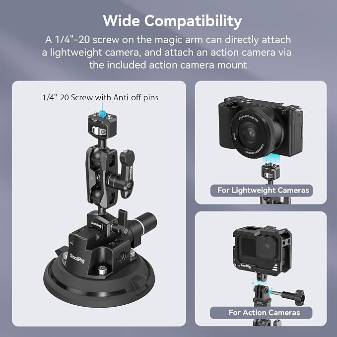 SMALLRIG 4" Camera Suction Mount with Ball Head Magic Arm, Car Mount for Lightweight Camera/Action Camera/Phone, Air Pump Vacuum Suction Cup, Max Load 3kg/6.6 Pound - 4236 - Image 3