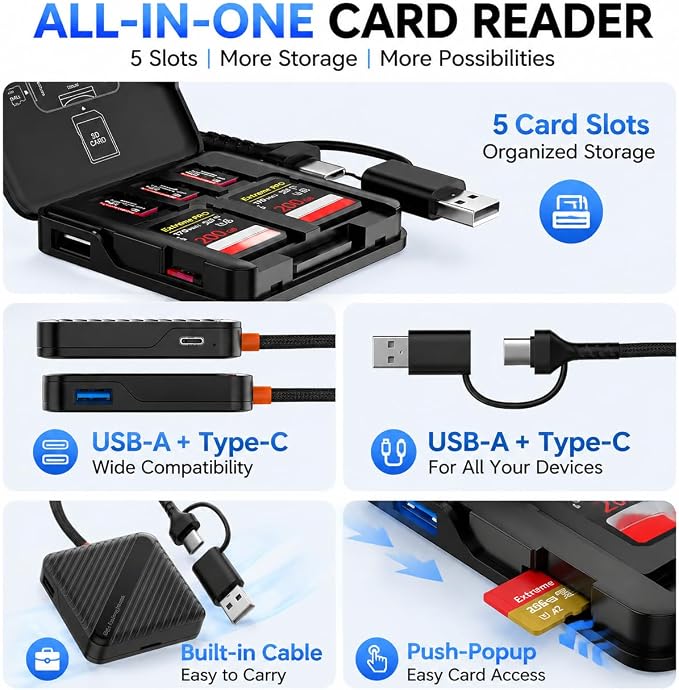 5-in-1 Memory Card Reader with Storage Case, USB A & USB C 3.0 Dual Connector SD/TF Card Reader, 5Gbps High-Speed, for Mac, Windows, Android - Image 4
