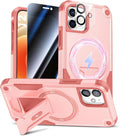Goton 3 in 1 for iPhone 12 Case with Privacy Screen Protector Pink | Glass Camera Lens Protector,Compatible for MagSafe,Invisible Kickstand, Shockproof Phone Cover for iPhone12 by Goton