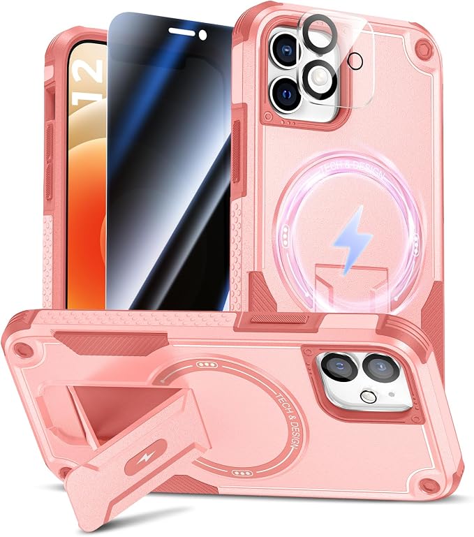 Goton 3 in 1 for iPhone 12 Case with Privacy Screen Protector Pink | Glass Camera Lens Protector,Compatible for MagSafe,Invisible Kickstand, Shockproof Phone Cover for iPhone12 by Goton