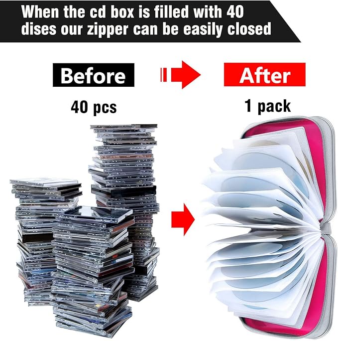 Siveit CD/DVD Cases 40 Capacity Disc Storage Binder for Car(Hot Pink) | Holders Wallet Hard Plastic CD/DVD Case for Car Home Office Travel - Image 4