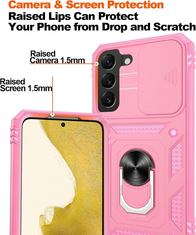 Gritup for Samsung Galaxy S22 Case with Slide Camera Cover & Screen Protector*2, 360 Rotating Ring Kickstand, Military Grade Protective Case for S22 Phone, Pink - Image 5