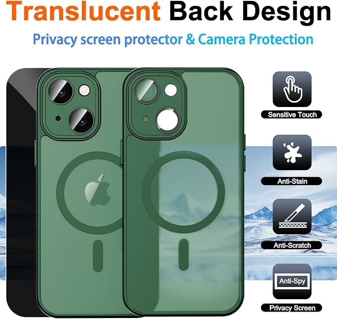 for iPhone 14 Plus Case with Privacy Screen Protector, Green | Full Camera Protection, Translucent Matte Magnetic, Compatible with MagSafe, Shockproof Phone Cover, Slim Fit - Image 2