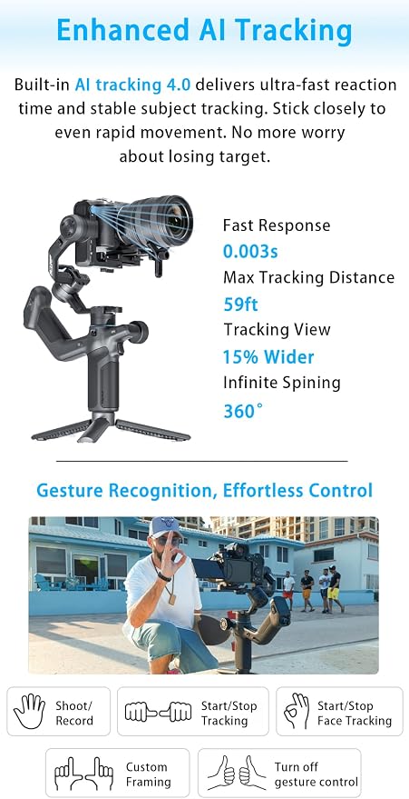 FeiyuTech SCORP Mini 3 Pro [Kit] AI Tracking Camera Stabilizer with Bag+Fill Light+Extension Pole, Detachable Remote Handle, 4.4lbs Payload All in One Gimbal Stabilizer for Camera & Smartphone - Image 2