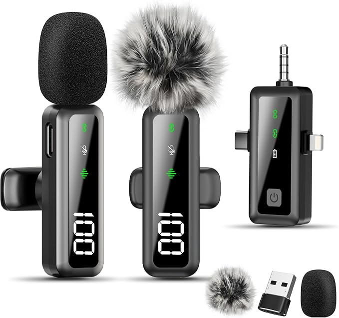 Wireless Lavalier Microphone for iPhone/Android/Camera, Upgraded Mini Microphone with LED Indicator & Noise Reduction, Mic for Video Recording, YouTube, TikTok, and Vlogging (Dark Black) by Giconino