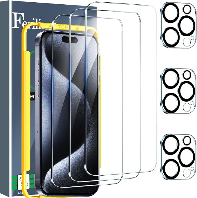 Ferilinso 3 Pack Screen Protector for iPhone 15 Pro Max, Tempered Glass | 9H+ Hardness, Military-Grade Shatterproof, HD Clear, Case Friendly, Easy Installation Bubble Free, with Camera Lens Protector by Ferilinso