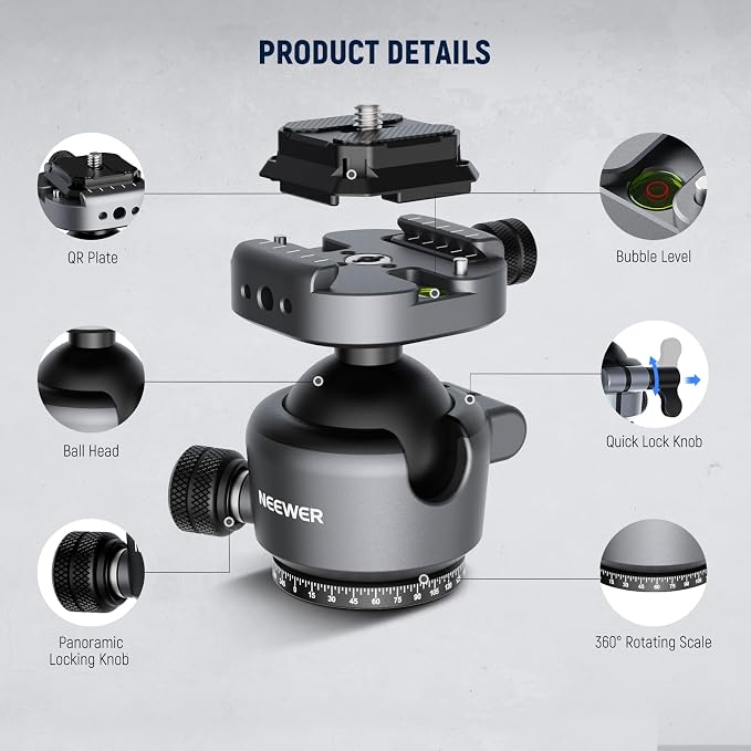NEEWER GM41 Low Profile Tripod Ball Head, 40mm Metal Panoramic Camera Mount Adapter with 1/4" Arca Type QR Plate Compatible with PD, 360° Swivel & 90° Tilt, Max Load 11lb - Image 6