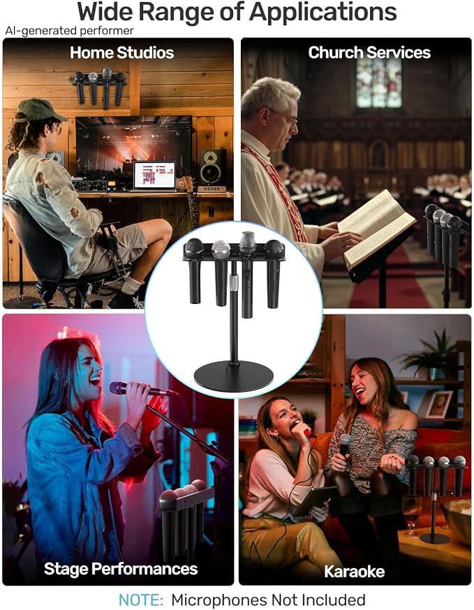 Multi Mic Holder with Mic Stand for 4 Handheld Mics, Weighted Desktop Base | With 5/8 & 3/8 Adapters, Holds Wired/Wireless Mics for Podium, Stage, Church, Home Studio, All Metal, Base with Rubber Pad - Image 8