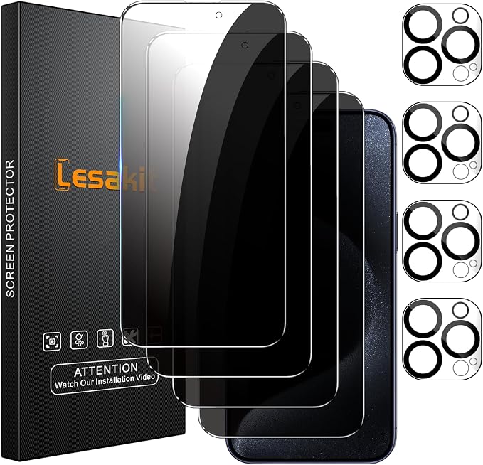 Lesakit 4+4 Pack Privacy Screen Protector for iPhone 15 Pro 6.1-Inch with 4 Pack Camera Lens Protector, Anti Spy Tempered Glass Film 9H Hardness Case Friendly by Lesakit