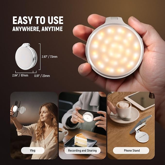 NEEWER Basics Magnetic LED Selfie Light Compatible with MagSafe iPhone, Desk Stand Phone Holder with Makeup Mirror 1160lx/0.2m 900mAh CRI95 Fill Lighting for Video Recording Streaming, White NL48R - Image 8