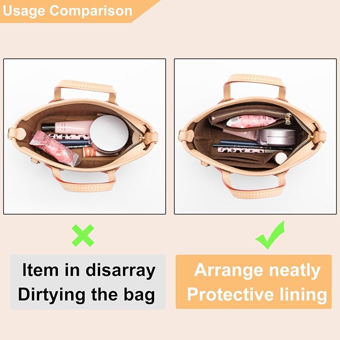 Doxo Small Purse Organizer Insert for Handbags, Felt Neverfull BB Organizer Insert,Mini Tote Bag Organizer with Zipper Pocket, Fit Neverfull BB Longchamp Xtra Energy S and More, Brown-XS - Image 4