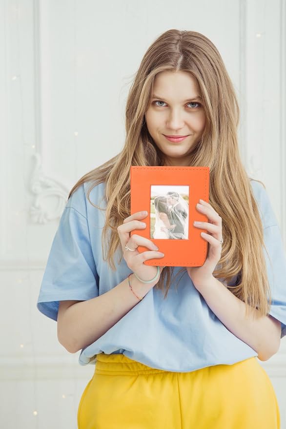 RECUTMS Small Photo Album 4x6 52 Pockets Leather Album for Family Orange | White Pages, Hold 52 Vertical Photos, Mini Albums for Baby Vacation, Travel Wedding Pictures Book with Front Window, Portable - Image 6