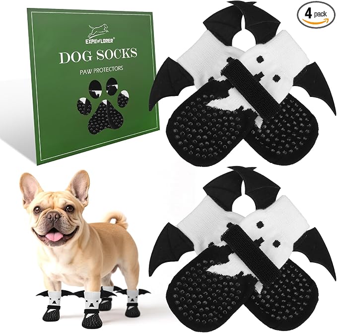 EXPAWLORER Halloween Anti Slip Dog Socks to Prevent Licking Paws, Boots & Paw Protectors with Grippers,Doggie Booties for Hardwood Floors for Small Medium Large Senior Dogs Costume White Ghost Wings M by EXPAWLORER