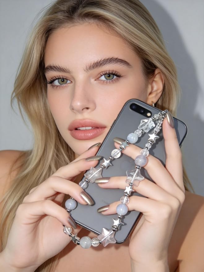 2 Pcs Phone Charm Strap Hand Wrist Strap Camera Lanyard Pearl Beaded Cute Chain String Accessories Universal for iPhone 17 Pro Max 16 15 Women Girls Keychain Bling Rainbow Multicolor and Silver Star - Image 9