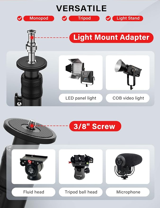 IFOOTAGE A400 Round Base Monopod Light Stand 79" 2 Pack | Aluminum Camera Floor Stand Tripod with 1/4" & 3/8" Screw Light Adapter for Camera Light Webcam Backdrop, Payload 22lb - Image 5
