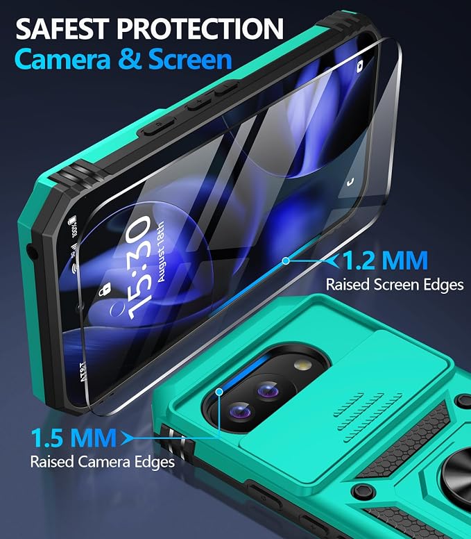 Taisairu for Google Pixel 9A Case with Screen Protector & Slide Camera Lens Cover,Built-in 360°Rotate Magnetic Ring Stand Shockproof Protective Phone Case for Google Pixel 9A Case(Mint Green) - Image 6