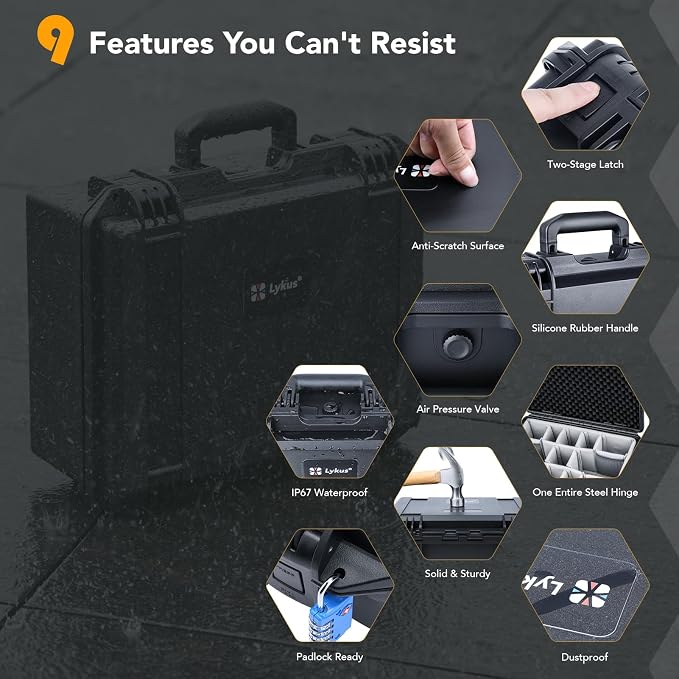 Lykus PVC2 Hard Case with Dividers for Cameras,Lenses,DJI Mavic/Air/Mini | For Photo Cameras,Drones,Portable Cameras and Their Mixes,10 Removable Dividers,Mesh Pockets,IP67 Waterproof,Shockproof - Image 5