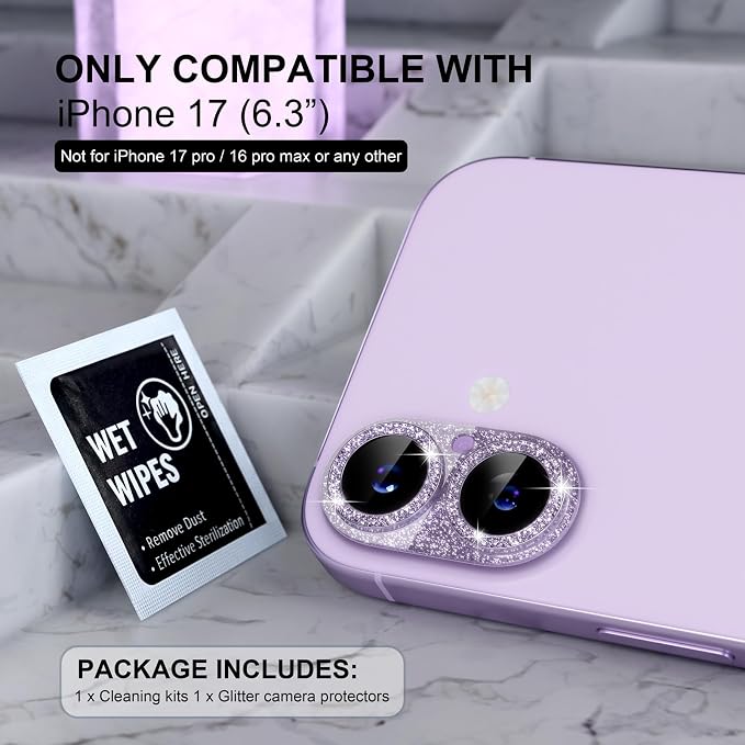 Choiche for iPhone 17 Camera Lens Protector, Glitter-Lavender | Bling Metal Camera Cover with 9H Tempered Glass Lens Screen Protector Accessories, Strong Adsorption, Case-Friendly - Image 2