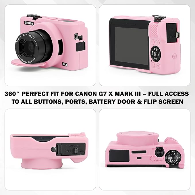 Silicone Camera Case for Canon PowerShot G7X Mark III (Pink) | Soft Silicone Case, Removable Lens Cover, 2 Screen Protectors & 1 Wrist Strap, Anti-Scratch, Lightweight Camera Accessories - Image 3