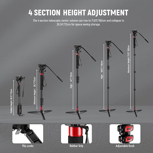 NEEWER 71.6" Pro Camera Monopod with Feet, Carbon Fiber Telescopic Video Monopod with QR Plate Compatible with DJI RS Gimbals, Removable Base for Camera Camcorder, Max Load 13.2lb/6Kg, TP71 - Image 4
