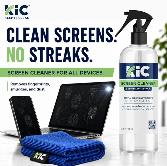KIC CrystalVu Screen Cleaner Spray Kit (16oz) with Microfiber Cloth | Streak-Free Cleaner, For TV, Phone, Laptop, Monitor & Tablet Screens, NSF Certified Safe Formula - K2-KCV16Z1 - Image 3