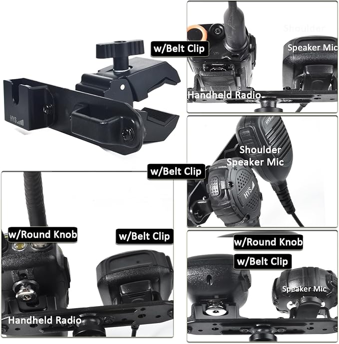 HYS Radio & Speaker Mic Clamp Mount Holder - Quick Release for Uniden BC906W Wireless CB Microphone and Speaker, Marine Radio, Walkie Talkie, Police Scanner w/ Belt Clip & Knob Holder Base - Image 2