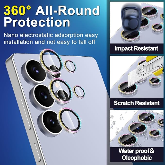for Samsung Galaxy S25 Ultra Camera Lens Protector, Individual Metal Ring Tempered Glass Lens Cover, [Strong Adsorption] Scratch Resistant Ultra-Thin HD Clear Lens Cover,1 Set-Colorful Sparkly - Image 3