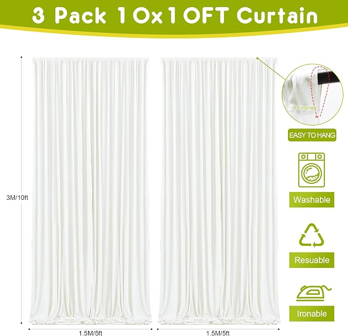 Ivory Backdrop Curtain for Parties Backdrop Drapes, 3Pack 10x10FT | Wrinkle Free Polyester Curtain Backdrop Draping Fabric for Backdrop Photoshoot Birthday Party Background,6 Panel 5x10FT - Image 2