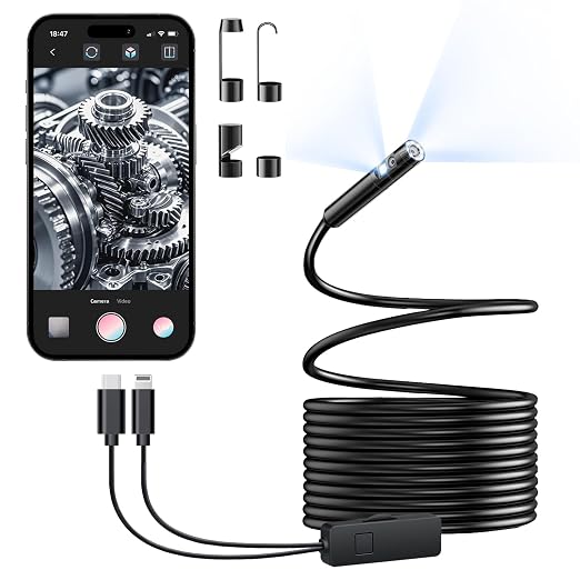 Endoscope Camera with Light, Dual-Lens 1920P HD Borescope with 8+1 Adjustable LED Lights, IP67 Waterproof Inspection Camera 16.5FT Semi-Rigid Snake Camera for iOS & Android (2 Interface) by Elecshion
