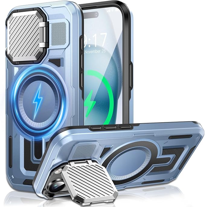 Camera Stand Case for iPhone 15, [Compatible with MagSafe] [Lens Cover] 2024 Version Military Grade Protective Soft Case for iPhone 15 6.1 inch Men Women, Blue by WASTROYAL